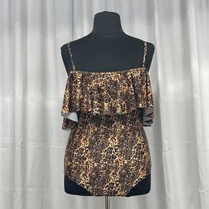 Plus XL Leopard Print Bathing Suit One Piece Ruffle Off Shoulder